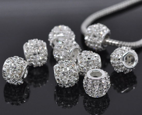 Immagine di Ottone + Strass Stile Europeo Perline Tondo Argento Placcato Bianco Strass Circa 12.0mm x 11.0mm, Foro: Circa 4.7mm, 10 Pz