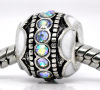 Picture of 10 PCs Zinc Based Alloy European Style Large Hole Charm Beads Antique Silver Color White Round Enamel AB Color Rhinestone 12mm x 9mm, Hole: Approx 4.8mm
