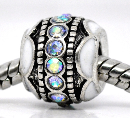 10 PCs Zinc Based Alloy European Style Large Hole Charm Beads Antique Silver Color White Round Enamel AB Color Rhinestone 12mm x 9mm, Hole: Approx 4.8mm