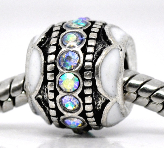 Immagine di 10 Pz Lega di Zinco Perline di Fascino con Foro Grande in Stile Europeo Argento Antico Bianco Tondo Smalto AB Colore Strass 12mm x 9mm, Foro:Circa 4.8mm