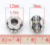 Picture of 10 PCs Zinc Based Alloy European Style Large Hole Charm Beads Antique Silver Color White Round Enamel AB Color Rhinestone 12mm x 9mm, Hole: Approx 4.8mm