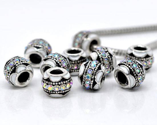 Immagine di 10 Pz Lega di Zinco Perline di Fascino con Foro Grande in Stile Europeo Argento Antico Bianco Tondo Smalto AB Colore Strass 12mm x 9mm, Foro:Circa 4.8mm