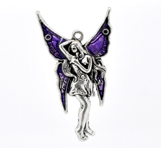 Imagen de Colgantes Aleación del Metal Del Zinc de Ángel Plata Antigua Rhinestone 4.8cm x 27.0mm, 10 Unidades