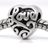 Picture of 20 PCs Zinc Based Alloy Valentine's Day European Style Large Hole Charm Beads Antique Silver Color Heart Message " LOVE " 10mm x 9mm, Hole: Approx 4.5mm