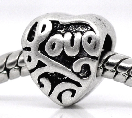 Picture of 20 PCs Zinc Based Alloy Valentine's Day European Style Large Hole Charm Beads Antique Silver Color Heart Message " LOVE " 10mm x 9mm, Hole: Approx 4.5mm