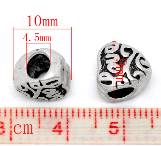 Picture of 20 PCs Zinc Based Alloy Valentine's Day European Style Large Hole Charm Beads Antique Silver Color Heart Message " LOVE " 10mm x 9mm, Hole: Approx 4.5mm