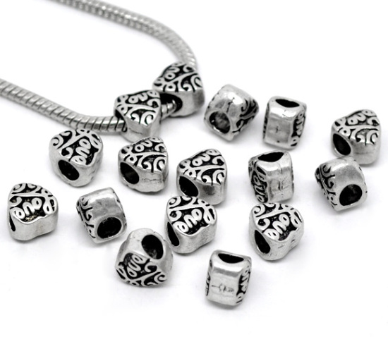 Picture of 20 PCs Zinc Based Alloy Valentine's Day European Style Large Hole Charm Beads Antique Silver Color Heart Message " LOVE " 10mm x 9mm, Hole: Approx 4.5mm