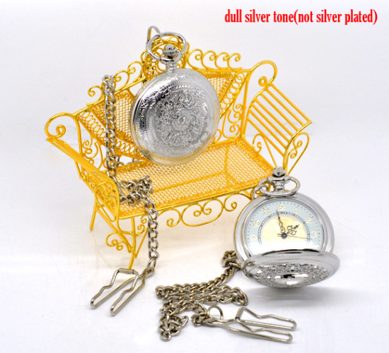 Bild von Silberfarbe Quarz Taschenuhr Uhr mit Batterie Anhänger  42cm (16-1/2").Verkauft eine Packung mit 1 Stück