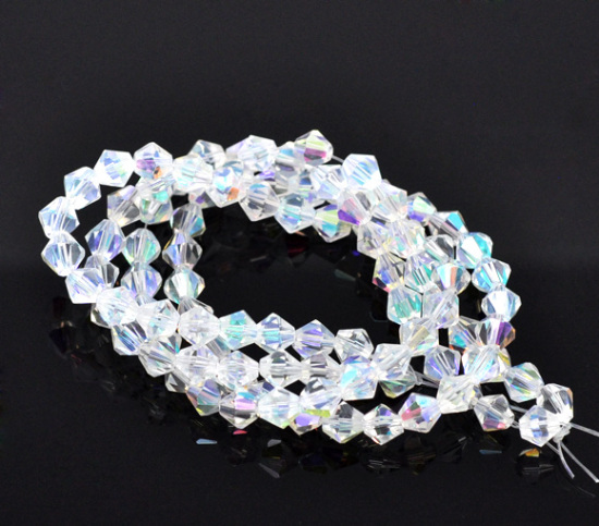 Picture of Glass Loose Beads Bicone White AB Rainbow Color Aurora Borealis Transparent Faceted About 6mm x 6mm, Hole: Approx 1mm, 30cm long, 2 Strands (Approx 50 PCs/Strand)