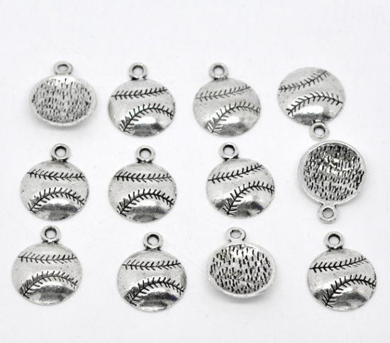 Picture of Zinc Based Alloy Sport Pendants Ball Antique Silver Color Stripe 18mm x 14.5mm, 50 PCs