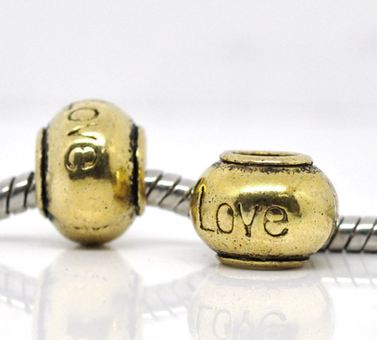 Imagen de Aleación del Metal Del Zinc de Estilo Europeo Cuentas Agujeros Grandes Plano Redondo Oro Antiguo Diamantes de imitación Mensaje Patrón Amor Aprox 11mm x 8mm, Agujero: acerca de 5.0mm, 20 Unidades