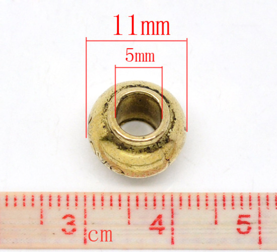 Imagen de Aleación del Metal Del Zinc de Estilo Europeo Cuentas Agujeros Grandes Plano Redondo Oro Antiguo Diamantes de imitación Mensaje Patrón Amor Aprox 11mm x 8mm, Agujero: acerca de 5.0mm, 20 Unidades