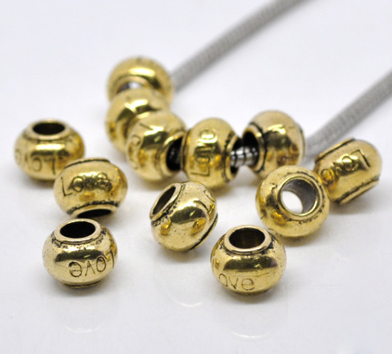 Imagen de Aleación del Metal Del Zinc de Estilo Europeo Cuentas Agujeros Grandes Plano Redondo Oro Antiguo Diamantes de imitación Mensaje Patrón Amor Aprox 11mm x 8mm, Agujero: acerca de 5.0mm, 20 Unidades
