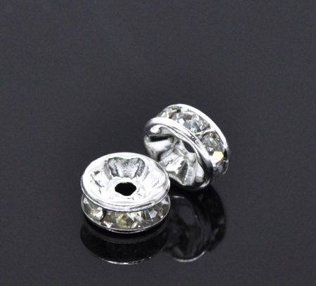 Picture of Brass Rondelle Spacer Beads Round Silver Plated Clear Rhinestone About 8mm( 3/8") Dia, Hole:Approx 1.3mm, 50 PCs