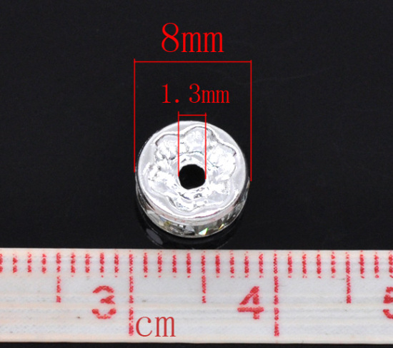 Picture of Brass Rondelle Spacer Beads Round Silver Plated Clear Rhinestone About 8mm( 3/8") Dia, Hole:Approx 1.3mm, 50 PCs                                                                                                                                              