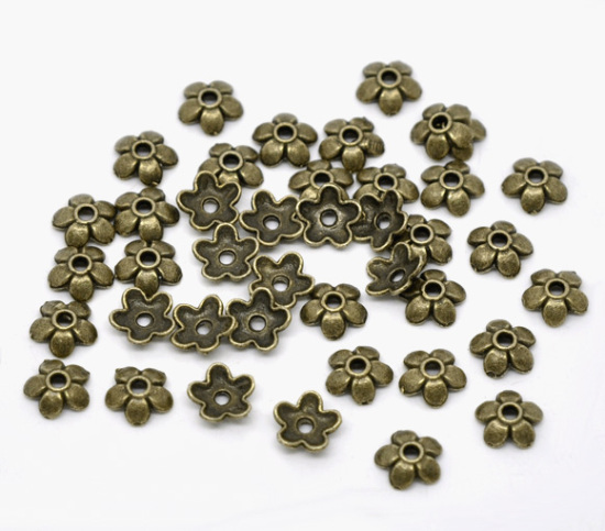 Picture of Zinc Based Alloy Beads Caps Flower Antique Bronze (Fits 8mm-14mm Beads) 6.5mm x 6.5mm, 400 PCs