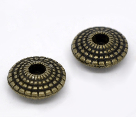 Bild von Zinklegierung Spacer Perlen Zwischenperlen Doppelkegel Rund Bronzefarbe Punkt Geschnitzt ca. 8mm D., Loch:ca. 1.9mm, 15 Stück