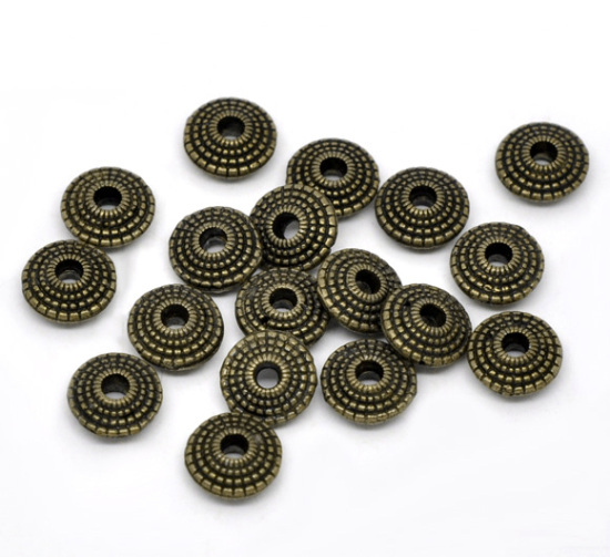 Picture of Zinc Based Alloy Spacer Beads Bicone Round Antique Bronze Dot Carved About 8mm Dia, Hole:Approx 1.9mm, 70 PCs
