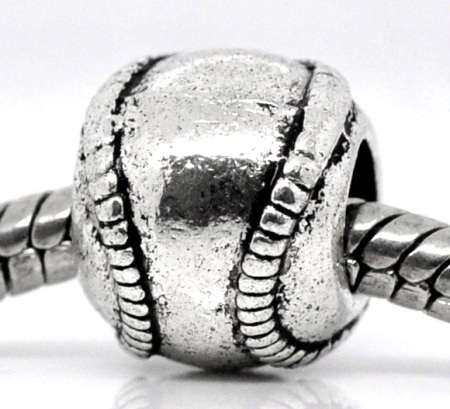 Zinc Metal Alloy European Style Large Hole Charm Beads Baseball Antique Silver Color About 11mm x 9mm, Hole: Approx 4.9mm, 20 PCs