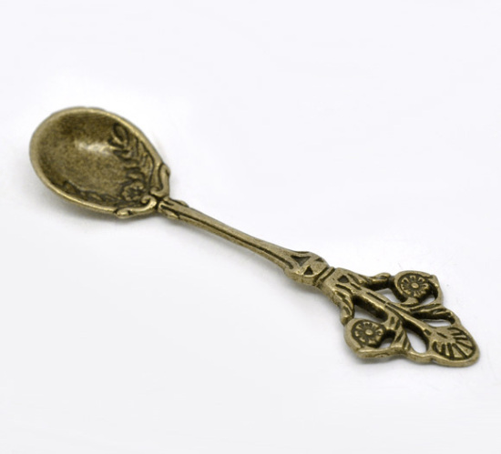Immagine di Lega di Zinco Charm Ciondoli Cucchiaio Tono del Bronzo Modello Disegno 6.0cm x 15.0mm, 20 Pz