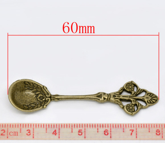 Immagine di Lega di Zinco Charm Ciondoli Cucchiaio Tono del Bronzo Modello Disegno 6.0cm x 15.0mm, 20 Pz