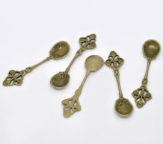 Immagine di Lega di Zinco Charm Ciondoli Cucchiaio Tono del Bronzo Modello Disegno 6.0cm x 15.0mm, 20 Pz