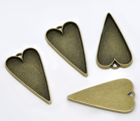 Bild von Zinklegierung Cabochon Fassung Anhänger Herz Bronzefarbe 5.3cm x 3cm 5 Stück