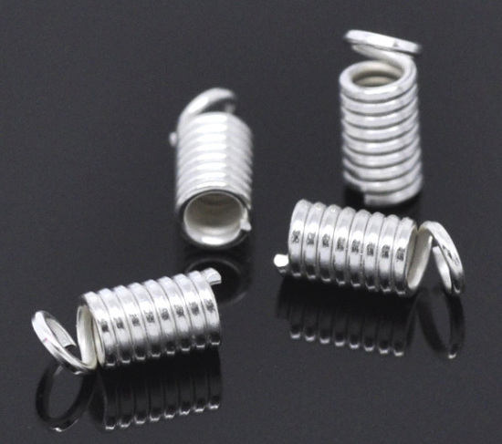 Picture of Silver Plated Coil End Crimp Fasteners 9x4mm (fit 2-2.5mm cord), sold per packet of 200