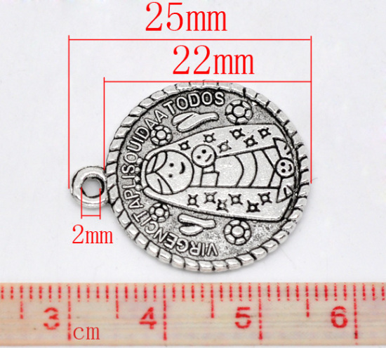 Picture of Zinc Based Alloy Charms Round Antique Silver Color Virgencita Spanish Message Carved 25mm(1") x 22mm( 7/8"), 30 PCs