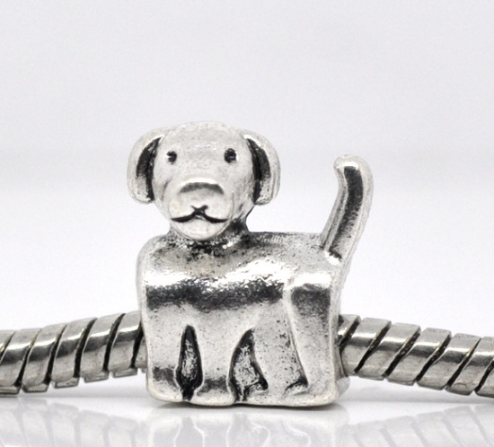 Bild von Zinklegierung European Stil Charm Großlochperlen Hund Antik Silber etwa 13mm x 12mm, Loch:Ca 4.5mm, 20 Stücke