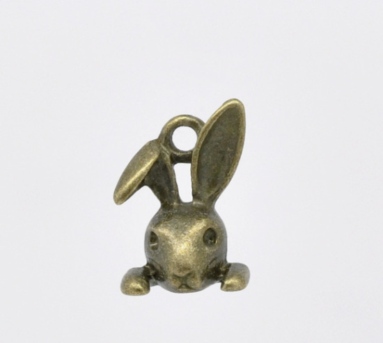 Immagine di Lega di Zinco 3D Charm Ciondoli Coniglio Animale Tono del Bronzo 14mm x 9mm, 50 Pz