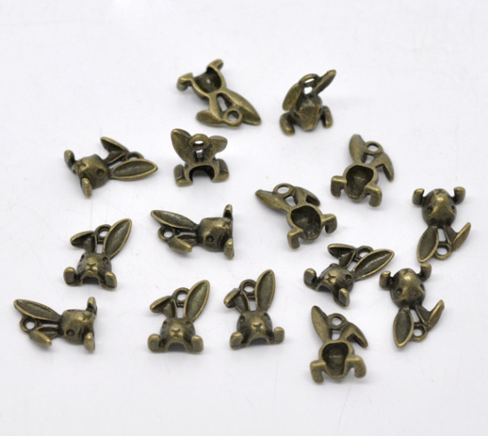 Immagine di Lega di Zinco 3D Charm Ciondoli Coniglio Animale Tono del Bronzo 14mm x 9mm, 50 Pz