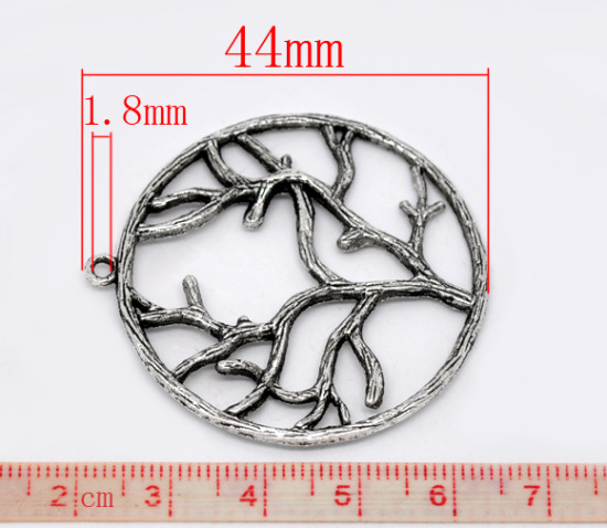 Picture of Zinc Based Alloy Pendants Round Antique Silver Color Tree Branch Carved 44mm x 40mm, 10 PCs
