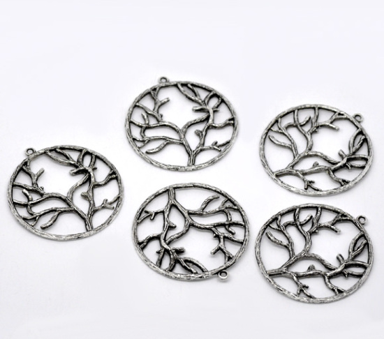 Picture of Zinc Based Alloy Pendants Round Antique Silver Color Tree Branch Carved 44mm x 40mm, 10 PCs