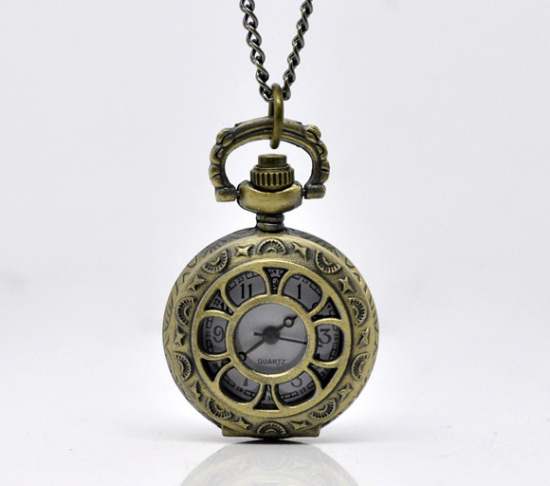 Picture of Vintage Antique Bronze Necklace Chain Quartz Pocket Watch Battery Included 85cm (33-1/2"), sold per packet of 1