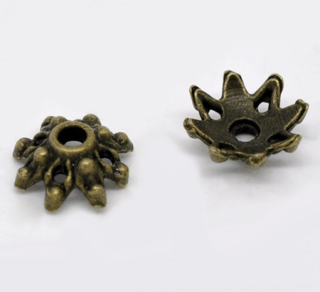Image de Coupelle Filigranée en Alliage de Zinc Fleur Bronze Antique à Pois (Approprié à Perle 10mm - 16mm) 9mm x 3.5mm, 200 PCs