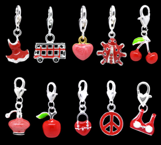 Picture of Clip On Charms For Vintage Charm Bracelet Mixed Silver Plated Red Enamel 32mm x 15mm - 25mm x 9.5mm, 20 PCs