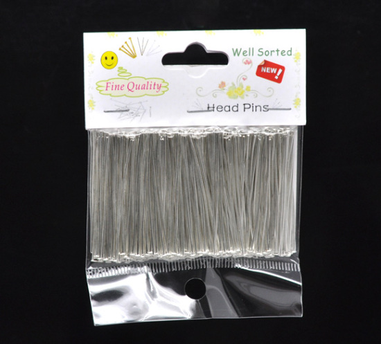 Picture of Iron Based Alloy Well Sorted Straight Head Pins Silver Plated 4cm(1 5/8") long, 0.7mm (21 gauge), 1 Packet(300 PCs)