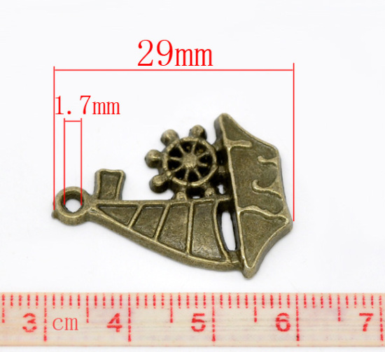 Immagine di Lega di Zinco Charm Ciondoli Nave Tono del Bronzo Nulla Disegno 29.0mm x 22.0mm, 20 Pz