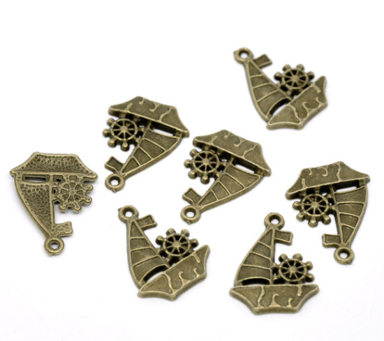 Immagine di Lega di Zinco Charm Ciondoli Nave Tono del Bronzo Nulla Disegno 29.0mm x 22.0mm, 20 Pz