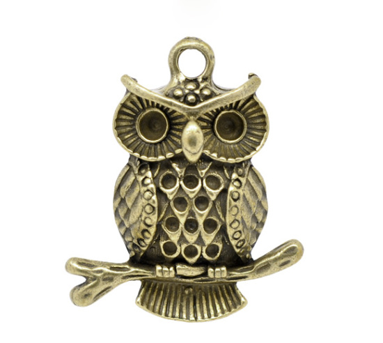 Picture of Zinc Based Alloy Halloween Pendants Owl Animal Antique Bronze (Can Hold 2-3mm 5mm Rhinestone) 43mm(1 6/8") x 36mm(1 3/8"), 5 PCs