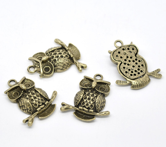 Picture of Zinc Based Alloy Halloween Pendants Owl Animal Antique Bronze (Can Hold 2-3mm 5mm Rhinestone) 43mm(1 6/8") x 36mm(1 3/8"), 5 PCs