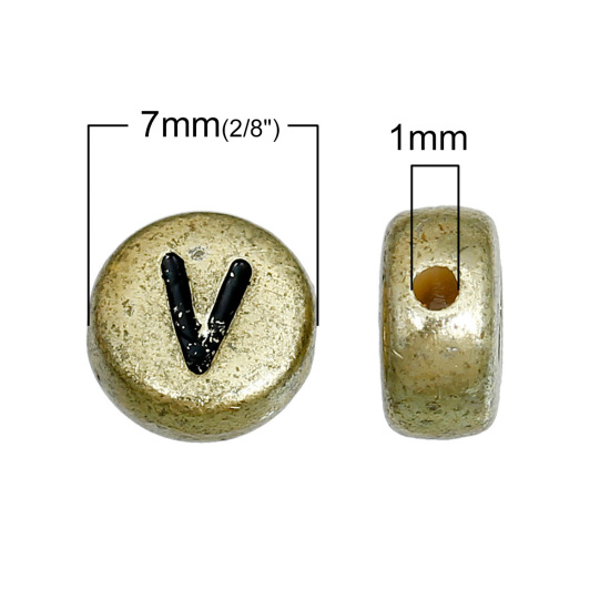 Picture of Acrylic Spacer Beads Round Gold Tone Antique Gold At Random Mixed Alphabet/ Letter "A-Z" About 7mm Dia, Hole: Approx 1mm, 500 PCs