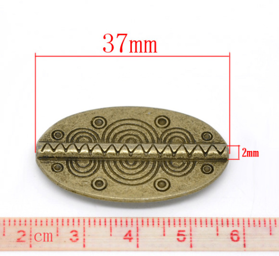 Bild von Zinklegierung Spacer Perlen Zwischenperlen Oval Bronzefarbe Muster Geschnitzt ca. 37mm x 22mm, Loch:ca. 2mm, 10 Stück
