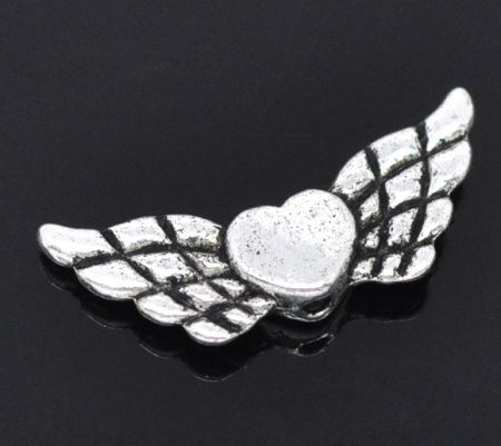 Picture of Zinc Based Alloy Spacer Beads Heart Angel Wing Antique Silver Color About 22mm x 9mm, Hole:Approx 1mm, 50 PCs