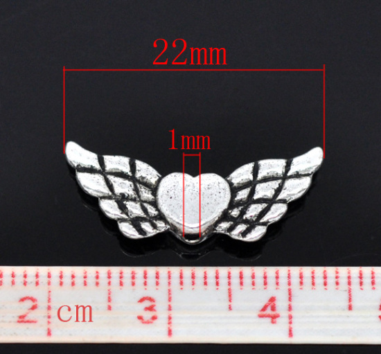 Picture of Zinc Based Alloy Spacer Beads Heart Angel Wing Antique Silver Color About 22mm x 9mm, Hole:Approx 1mm, 50 PCs