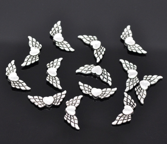 Picture of Zinc Based Alloy Spacer Beads Heart Angel Wing Antique Silver Color About 22mm x 9mm, Hole:Approx 1mm, 50 PCs