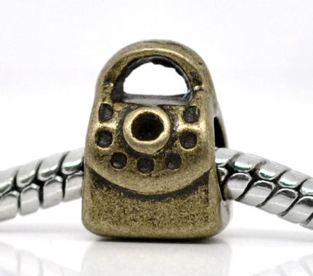 Zinc Based Alloy European Style Large Hole Charm Beads Handbag Antique Bronze (Fits 1mm Rhinestone) 11mm( 3/8") x 9mm( 3/8"), Hole: Approx 5mm, 30 PCs