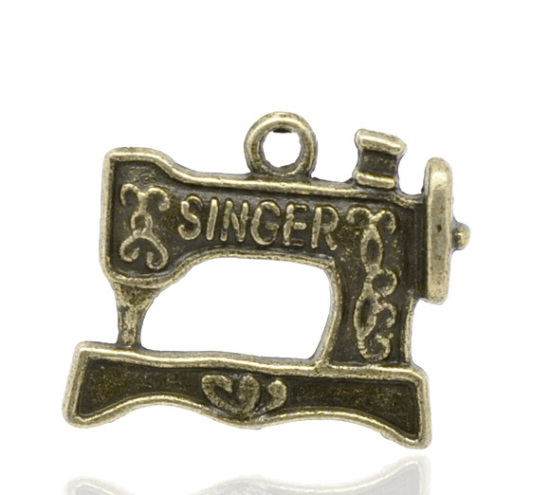 Picture of Antique Bronze Carved "Singer" Sewing Machine Charm Pendants 18x20mm, sold per packet of 30