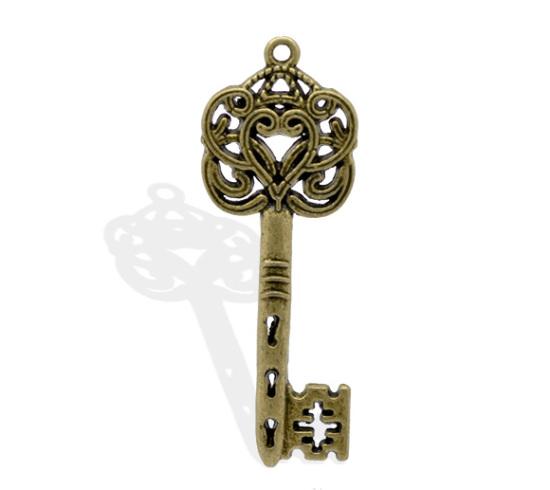 Picture of Antique Bronze Heart Pattern Key Pendants 59x21mm, sold per packet of 10